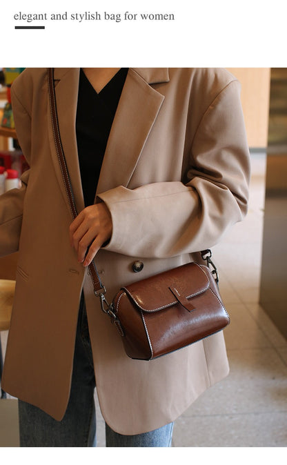Oil Wax Cowhide Genuine Leather Crossbody Small Bag for Women Fashionable Versatile Shoulder Shell Handbag Lady Casual Phone Bag