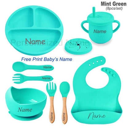 8Pcs Silicone Tableware Set Personalized Name Logo Baby Feeding Set Spoon Fork Suction Cup Bowl Silicone Dinner Plate For Kids