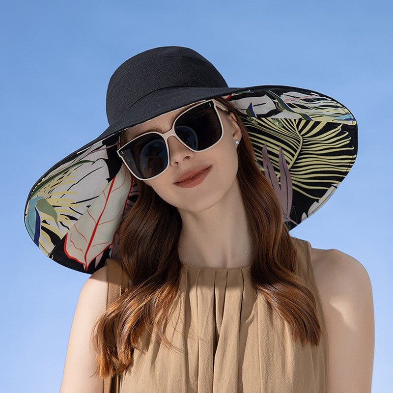 Chapéu Feminino de Verão Dupla Face com Aba Larga Proteção Solar Flor Praia Elegante Ao Ar Livre Protetor Solar Atacado Novo