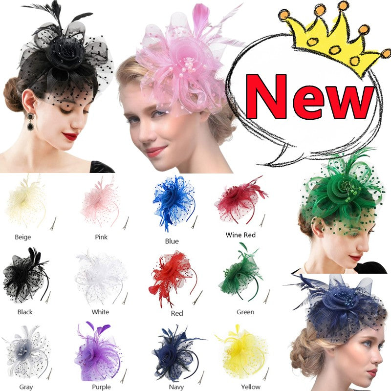 New 12 Color Net and Feather Fascinator Hat Headband Alice Headband Clip Mesh Flower Wedding Cocktail Hair Accessories Tea Party