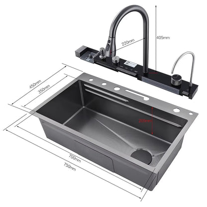 304 Stainless Steel Waterfall Kitchen Sink Large Single Slot Integrated Digital Display Faucet Set Soap Dispenser 75*45cm