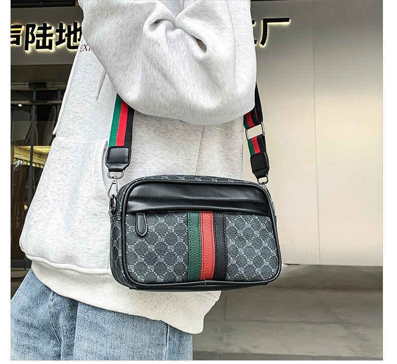 Casual Lightweight Sling Bag with Color Block Strap for Men PU Leather Messenger Bag Trend Wide Strap Crossbody Bags Designer