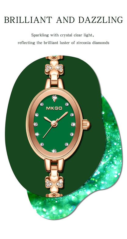 MKGO Women's Fashion Bracelet Watch Luxury Quartz Ladies Watch 30M Waterproof Premium Exquisite Emerald Crystal Female Watches