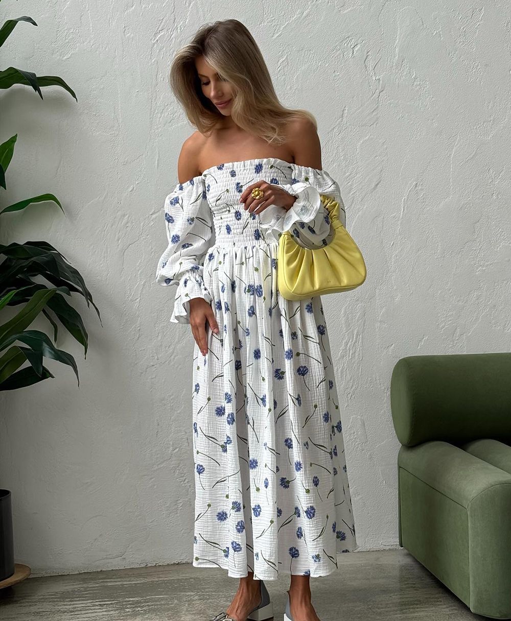 Women's Summer Cotton Dress 100% Elegant Ruffle Midi Floral Print Dress with Sid