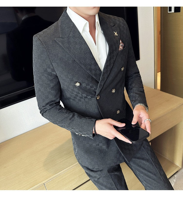(Jacket+Pants)Luxury Checkered Double Breasted Suit  2 Pieces Fashion Business Slim Fit Social   Formal Suit Evening Dress 5XL-M