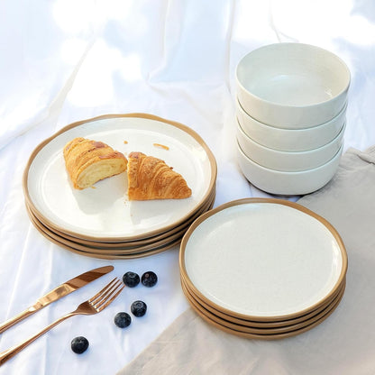 Plates and Bowls Set, 12 Pieces Farmhouse Ceramic Dinnerware Sets, Scratch Resistance, Dishwasher Microwave Safe, Vanilla White