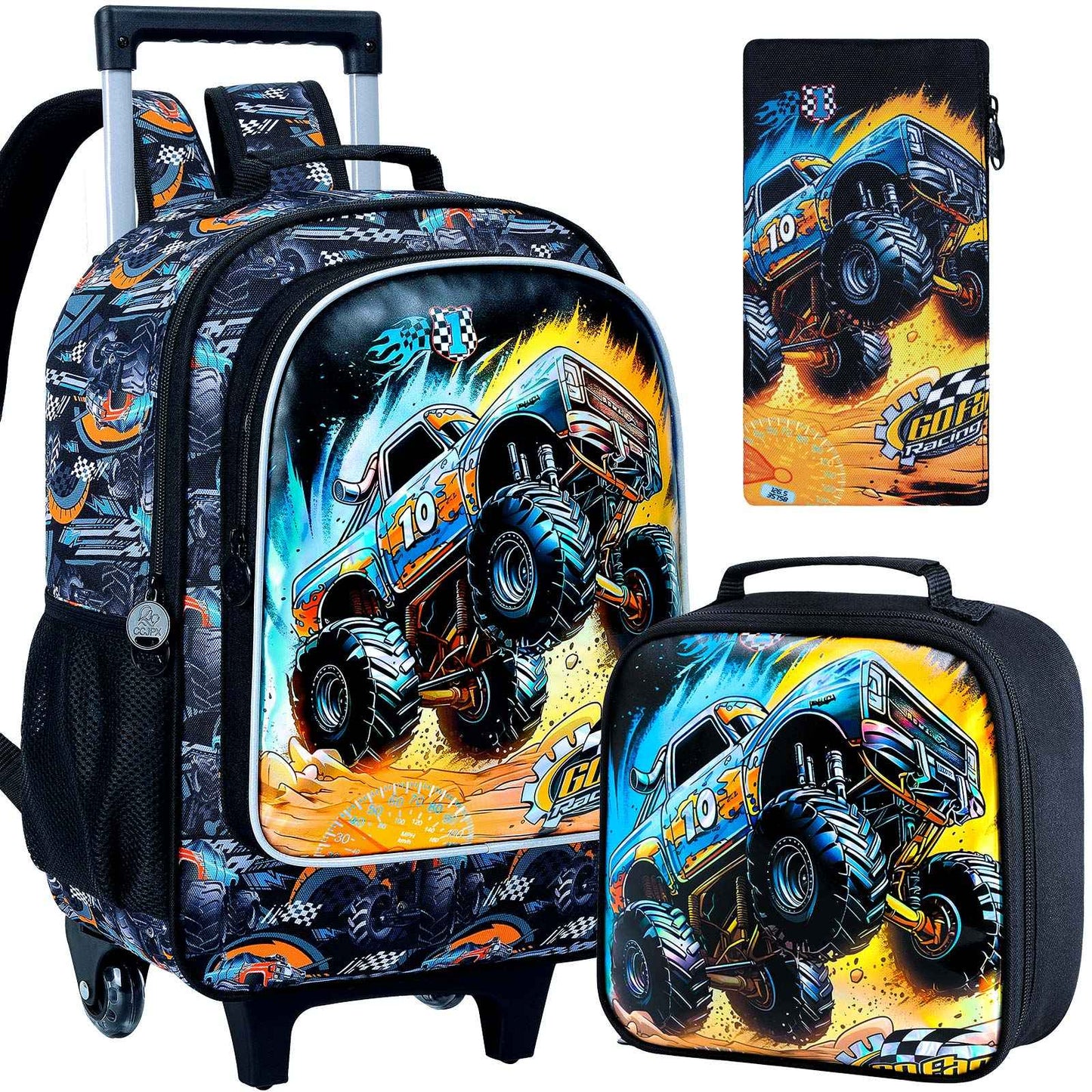 Mochila de Rodinha para Meninos, com 3 Peças, Rodas, Lancheira -