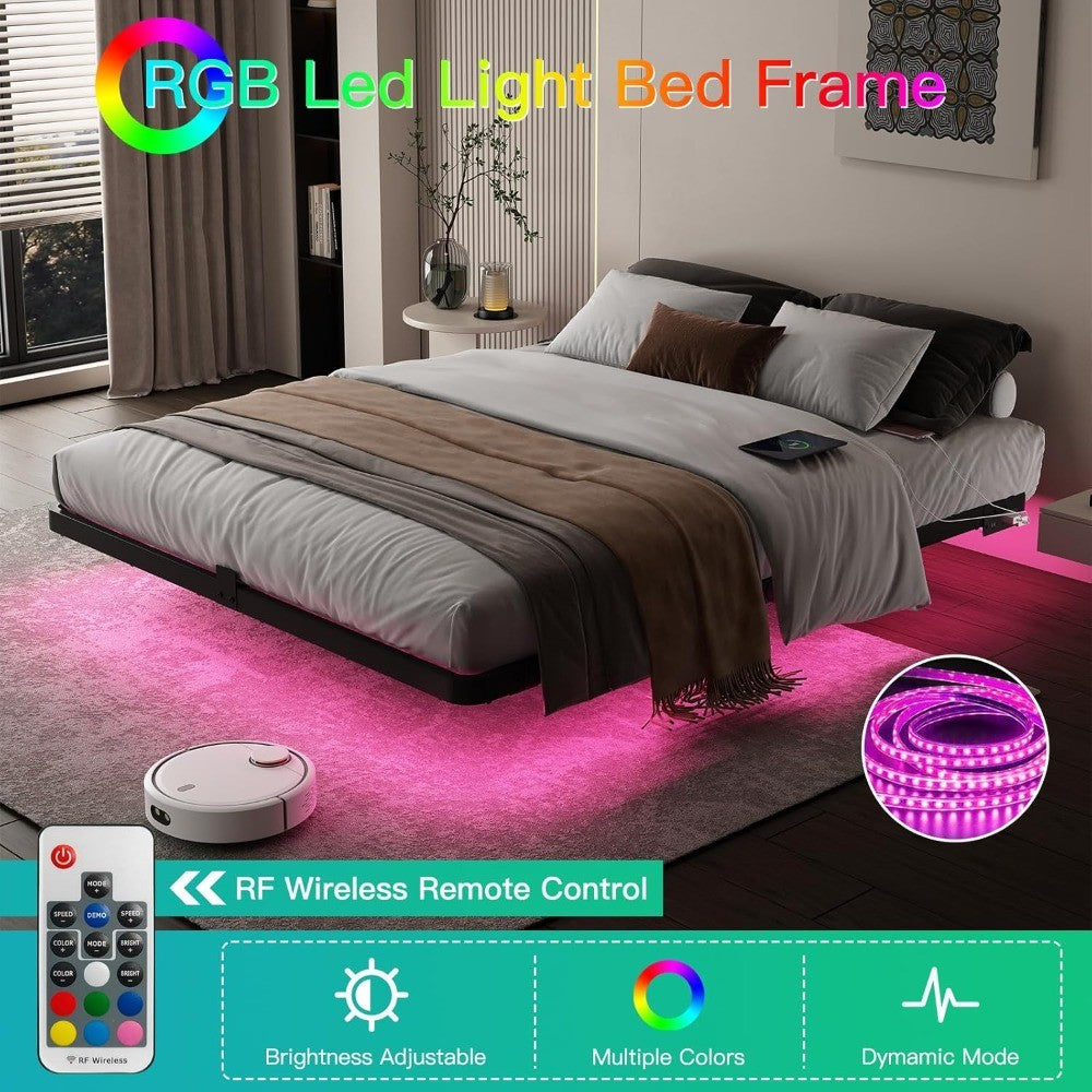 Cama Queen Size Suspensa - Estrutura de Cama de Plataforma de Metal com Luzes LED Inteligentes e Estação de Carregamento, Não Precisa de Box, Fácil Montagem