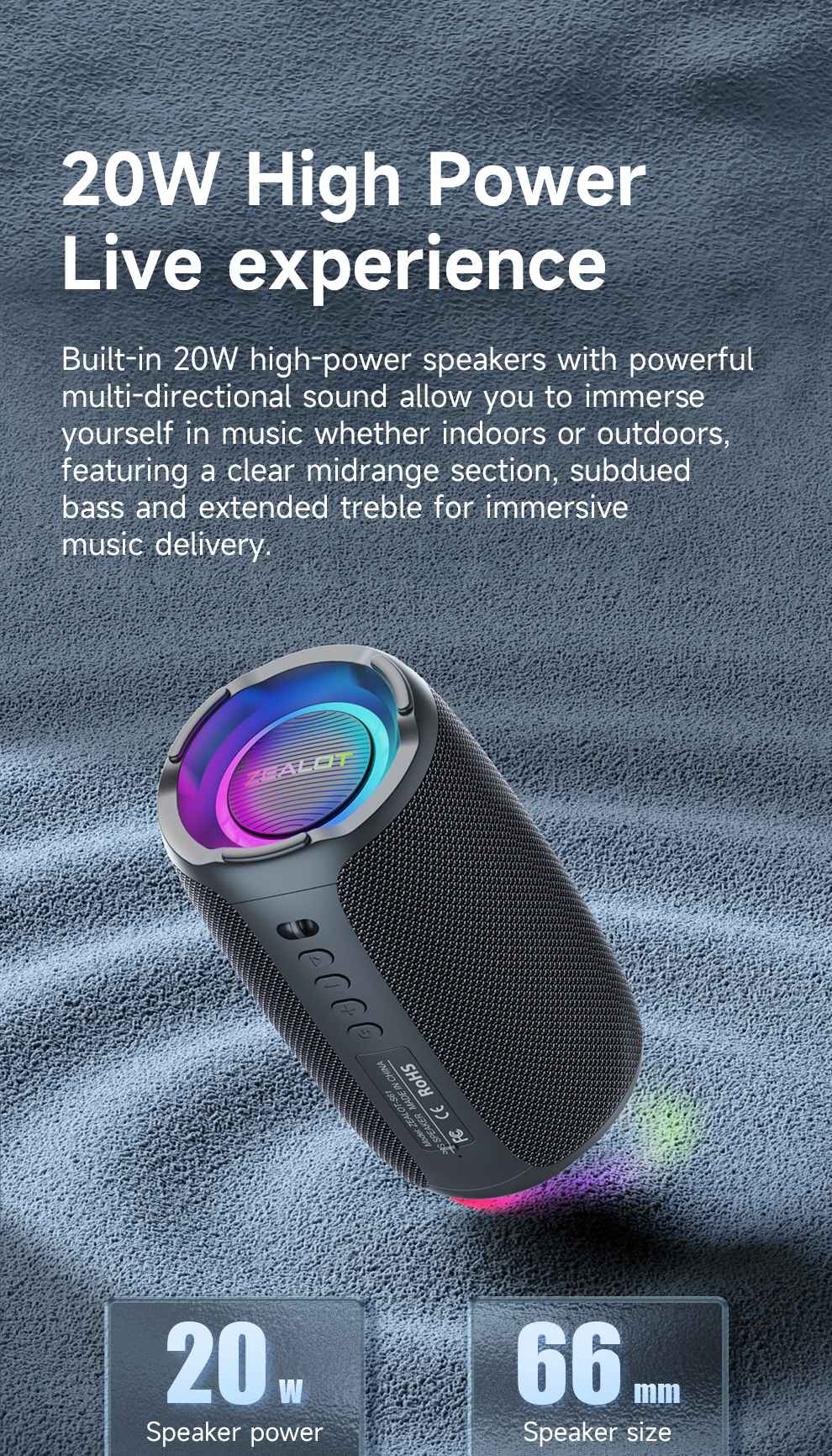 Caixa de Som Bluetooth Zealot-S61, com Proteção à Prova d'Água IPX6 e Graves para Ambiente Externo para Festas no Quintal e na Praia, Alto-falante de 10W