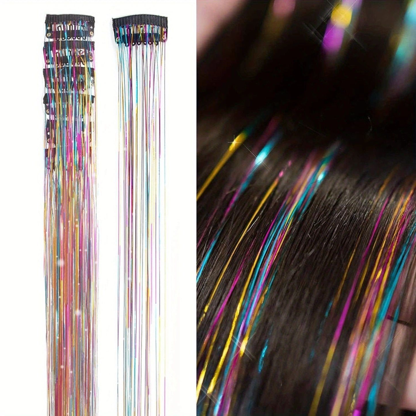 Apliques de cabelo coloridos de seda brilhante sem costura, grampo com glitter dourado de seda, faixas de cor de fio de laser deslumbrante, perucas sintéticas