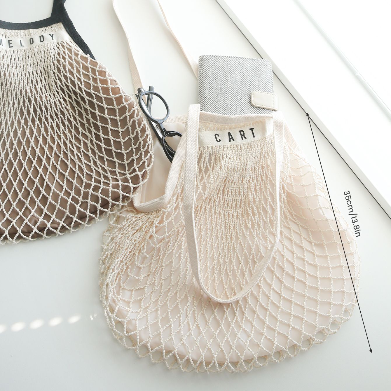 1PCS Personalised Name Mesh organic Cotton Bag with Long handle Reusable Washable Beach Bag Organizer for Shopping Grocery Bag