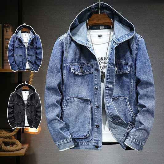 Men Denim Jackets Coats Button Coat Hooded Jacket Full Sleeve Casual Splice Regular Open Stitch Pockets Solid Spring 2025