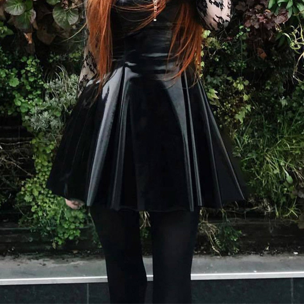 Womens Shiny PVC  Patent Leather Skirt Sexy Wet Look Leather Pleated Skirt Front Bodycon Elastic Latex Mini Short Skirt