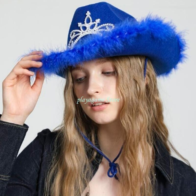 Y88A Furry Trims Western Hat Western Jazzs Party Hat Woman Cowgirls Hat Party