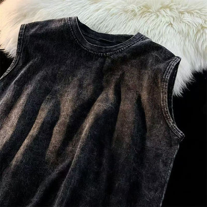 2025 summer American vintage Washed men's T shirt Wolf Head Print Tank Top Gym Fitness Sleeveless T shirt Exercise Vest Women