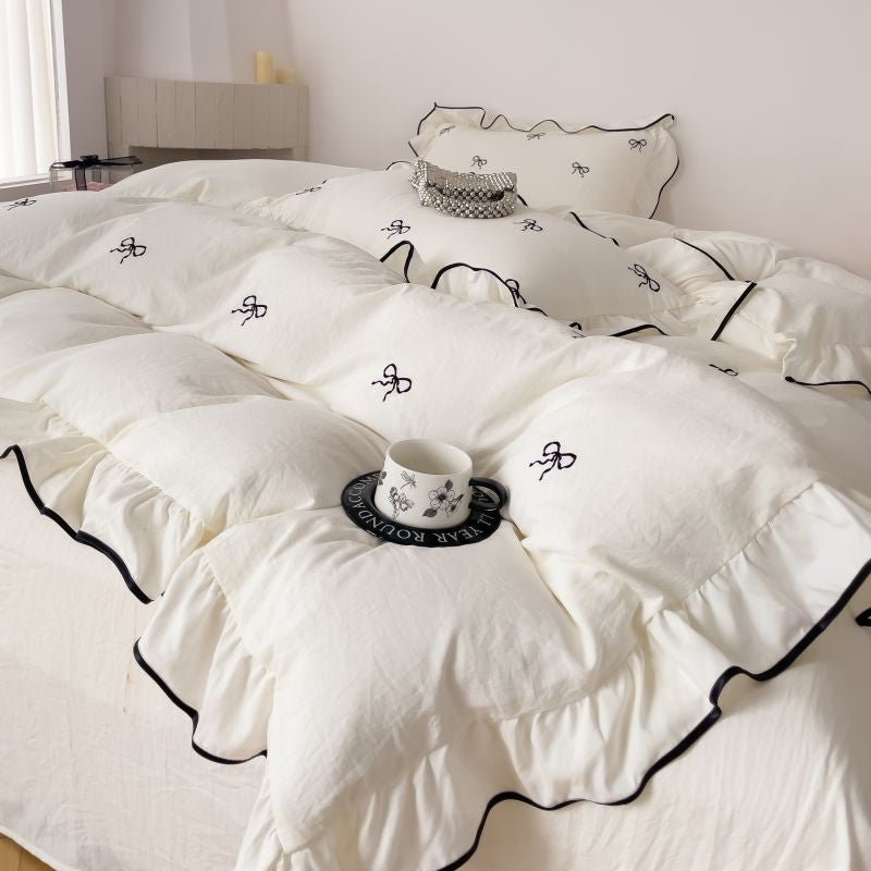 3pcs bow embroidery Bedding set ruffles Duvet Cover Set (1*Duvet Cover + 2*Pillowcase, Without Core)for bedroom guest room