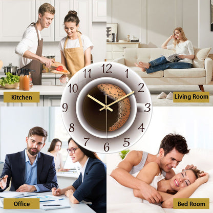 A Modern American Coffee Cup Pattern 4mm Thickeneded Tempered Glass Wall Clock Living Room Bedroom Kitchen Home Decoration Wall Clock Silent Quartz Clock Holiday Gift 12 Inches 14 Inches 16inch (Without Battery)