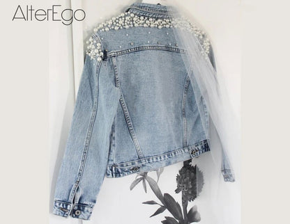Luxury Jean Jackets Bride Pearl Denim Coat Bridal Pearls Coats Future Denim Outerwear Wedding Women's Clothing 2023 Solid Jacket