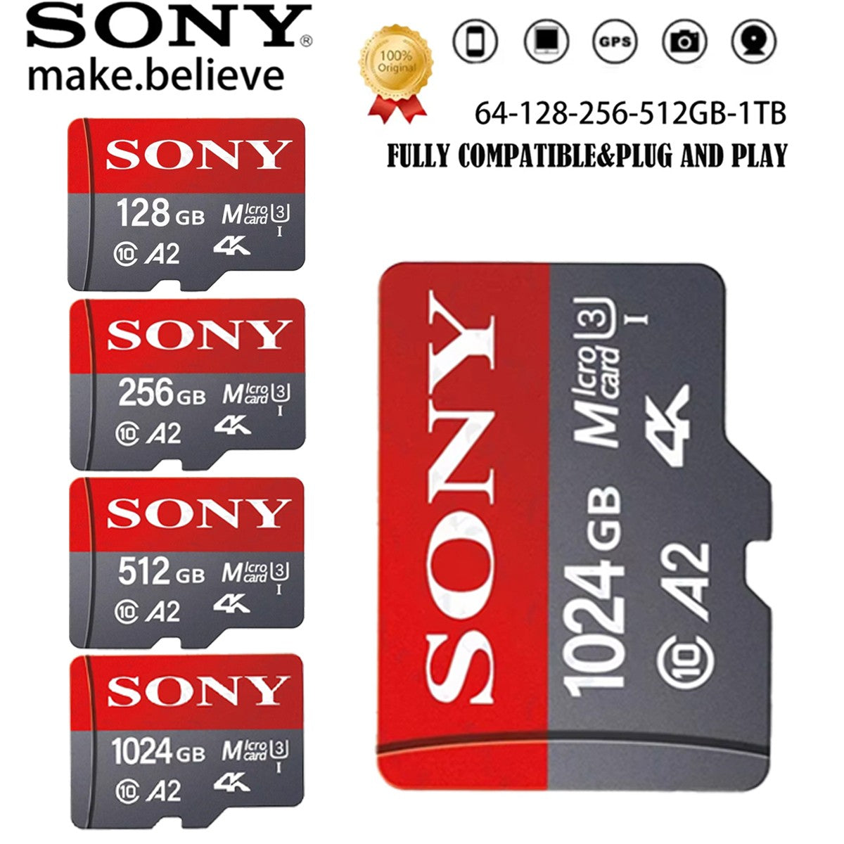 Sony SD memory cards, 128GB, 256GB high-speed Micro TF SD, 1024GB, 512GB A2 U3 V30 flash memory cards, suitable for mobile phone