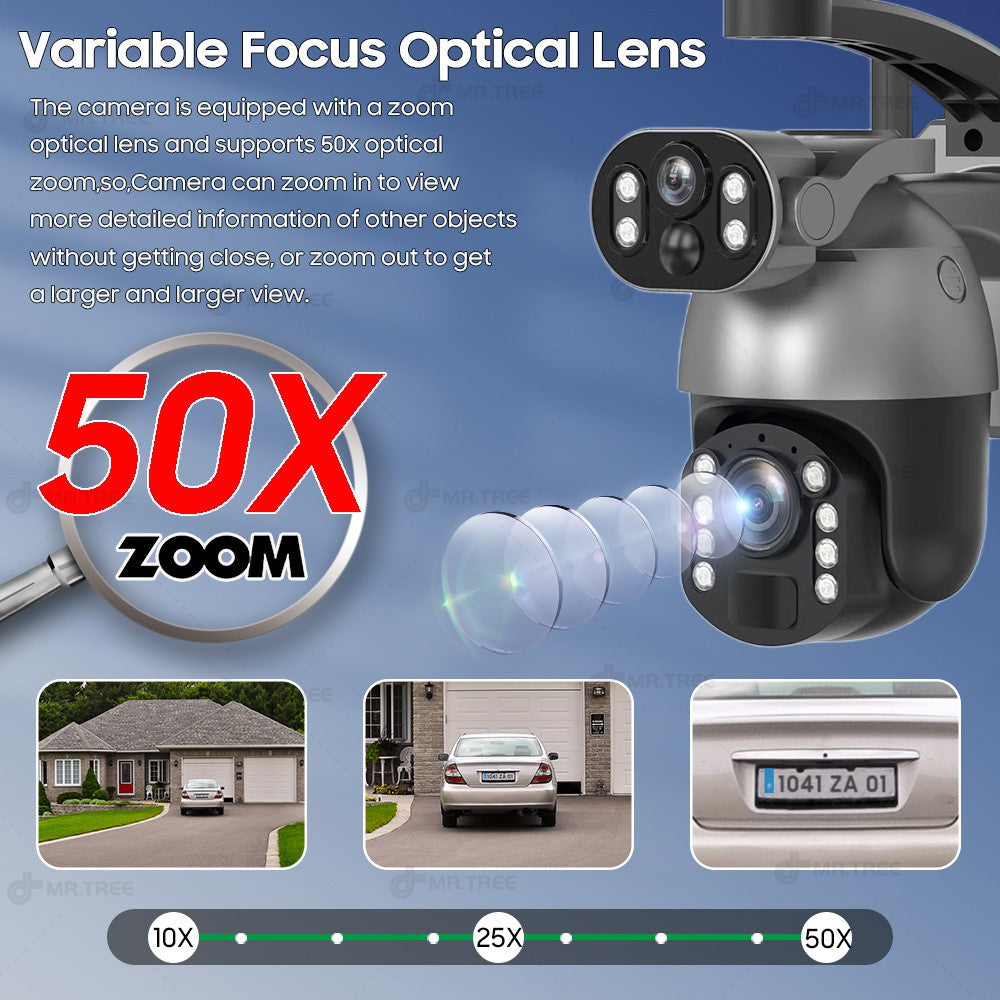 50XZOOM Solar Camera 4G SIM/WiFi Dual Lens Outdoor Security Camera with Night Vision,Waterproof Wireless Surveillance for Garden