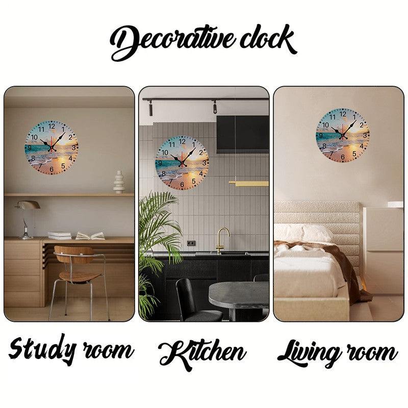 The Beach Wooden Round Silent Hanging Wall Clock, Suitable For Living Room, Office, Study Room, Bedroom, Home Decoration