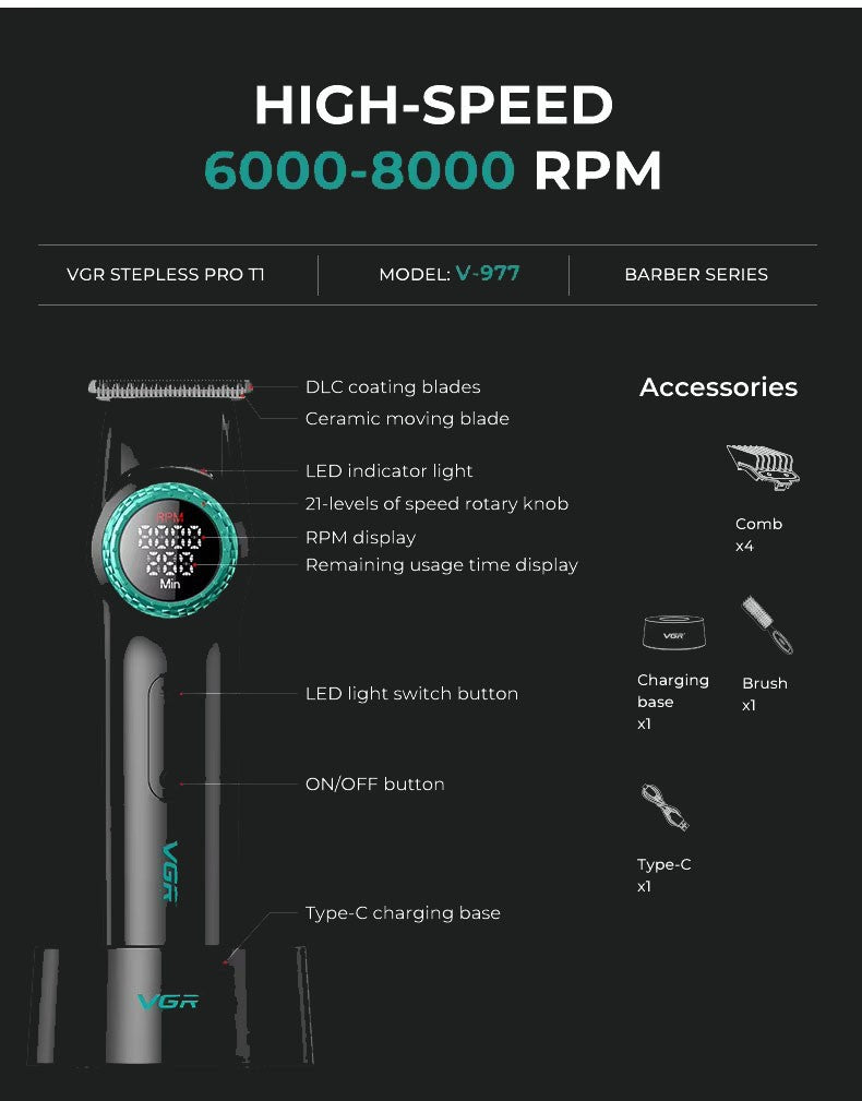 VGR Hair Trimmer Professional Hair Cutting Machine Electric Barber Clippers Adjustable 9000RPM Metal Trimmer for Men V-001 V-977