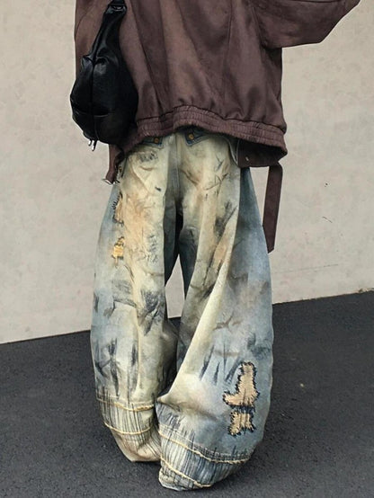 American Street Destruction Style Embroidered Denim Pants Oversized Retro Wash Personality Fashion Loose Casual Wide Leg Jeans