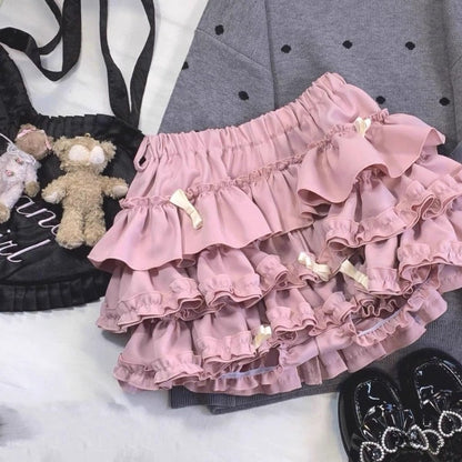 2025 Summer New Versatile Women's Clothing Blue Bow Lace Cake Tutu Mini Skirt Kawaii Pink Sweet Cute Thin A-line Skirts Ladies