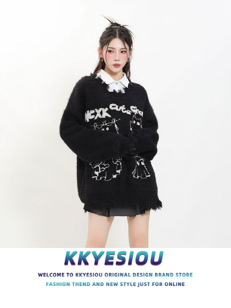 KKyesiou Dopane Orange Knitted Sweater loween Design Men Women Retro American Sle Couple's Long Sve Casual Loose Fit