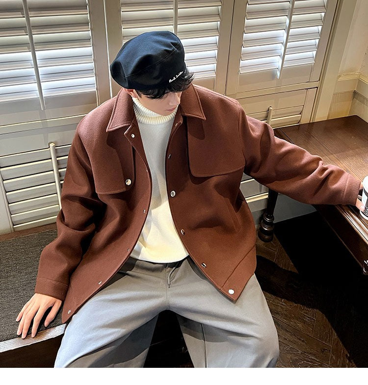 Winter Short Woolen Coat Men Warm Retro Thickened Woolen Jacket Men Streetwear Korean Loose Woolen Coat Mens Oversized Overcoat