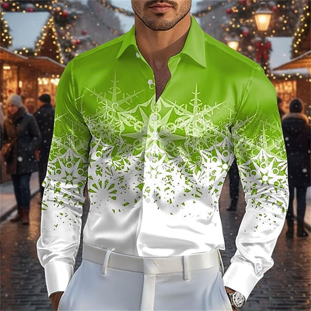 Fashionable 3D printed Christmas deer design style men's long sleeved shirt slim fit lapel button casual party plus men's shirt