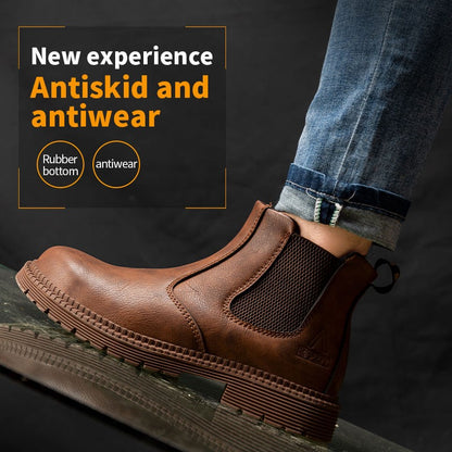 Sapatos de Segurança Impermeáveis Masculinos com Biqueira de Aço Botas de Couro Calçado Masculino Sapatos de Trabalho Indestrutíveis para Construção Marrom