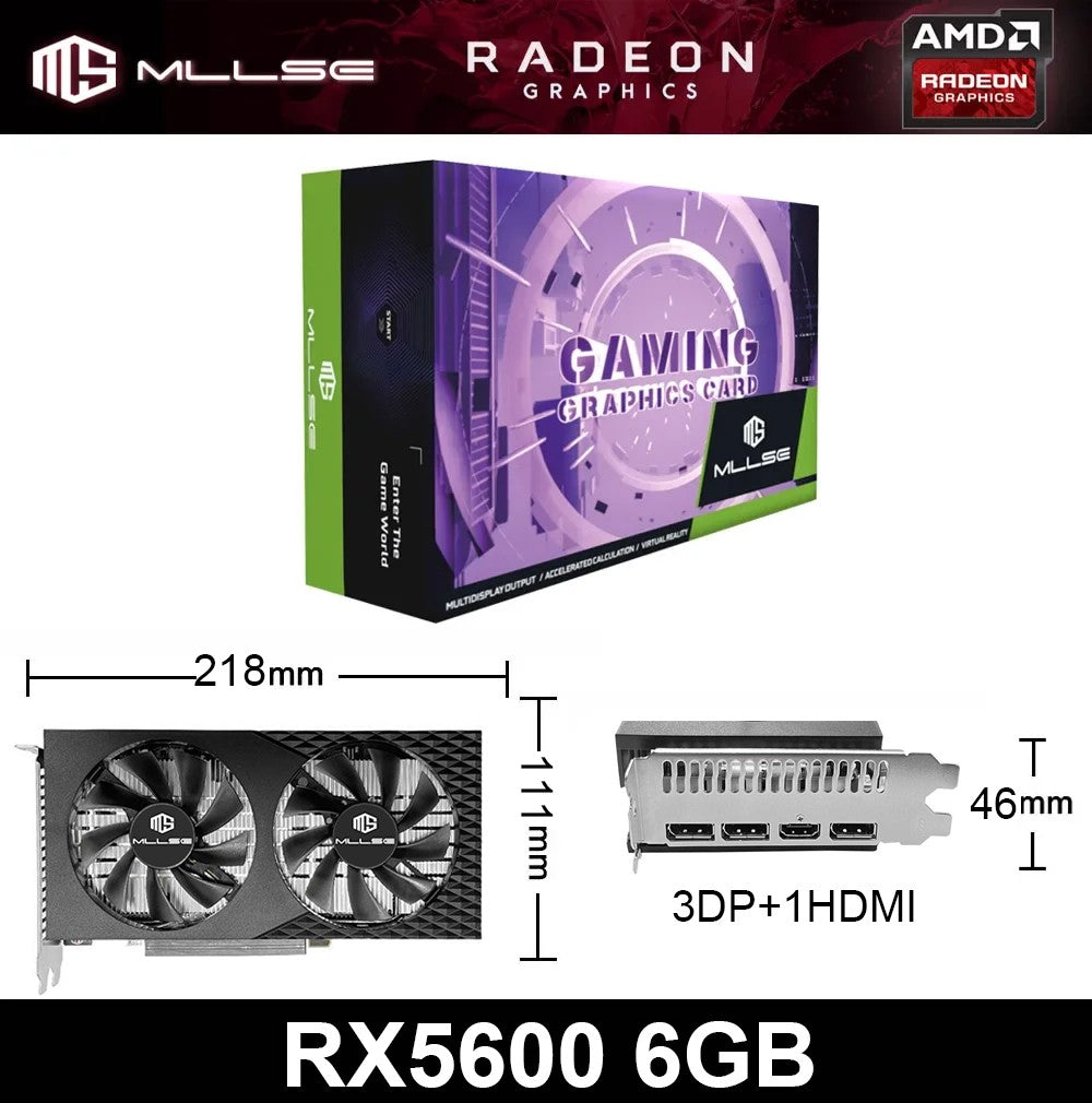 MLLSE Nova Placa Gráfica AMD Radeon RX5600 6GB GDDR6 6+8Pinos GPU para Jogos RX5600 6GB Placa Gráfica para Computador de Mesa