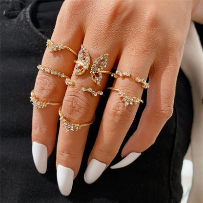 Conjunto de Anéis de Cristal Cor Prata para Mulheres, Anéis de Dedo de Zircônia Cúbica de Lua, Flecha, Flor, Coração, Joias Femininas da Moda