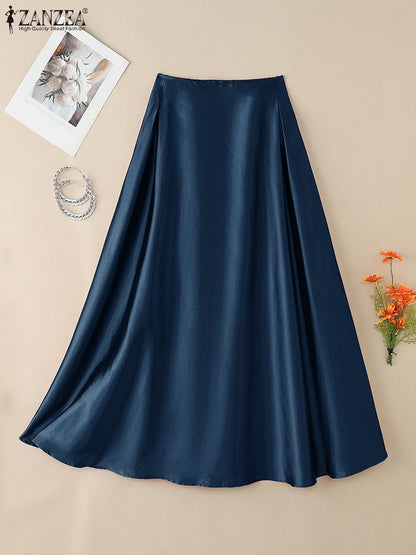2025 Stylish Autumn High Waist Party Satin Skirts ZANZEA Women Jupe Plus Size Solid A-line OL Work Faldas Saia Maxi Long Skirt