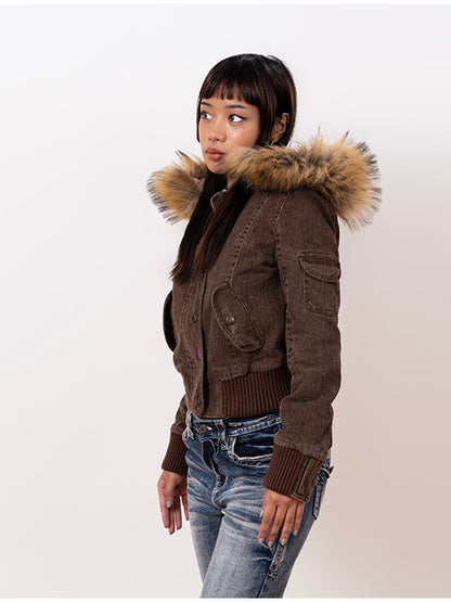 Vintage Brown Short Hooded Jacket Women's Full Sleeve Slim Detachable Fur Collar 2025 NEW Winter  Autumn Female Outerwear