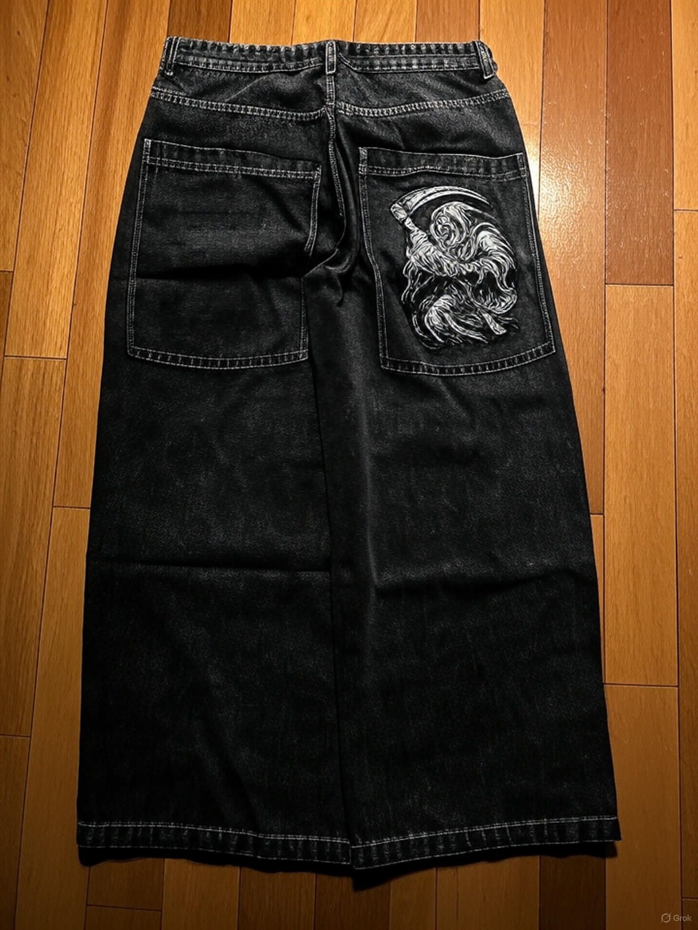 NOVOJeans Estampado Cartum Gótico Retrô Ceifador Vintage Masculino e Feminino Calça de Cintura Baixa Perna Larga Hip Hop Roupa