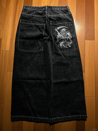 NOVOJeans Estampado Cartum Gótico Retrô Ceifador Vintage Masculino e Feminino Calça de Cintura Baixa Perna Larga Hip Hop Roupa