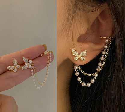 Brincos Borboleta de Metal Banhado a Prata Sem Furo para Mulheres Brilhantes Zircônia Fio de Orelha Clipe Brincos Joias de Casamento