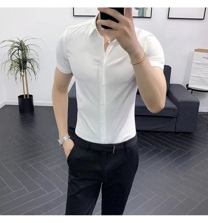 Korean Fashion Trend Casual Elastic Design Sense Short Sleeve Shirt Men's Solid Lapel Collar Button Breathable Simple Slim Tops