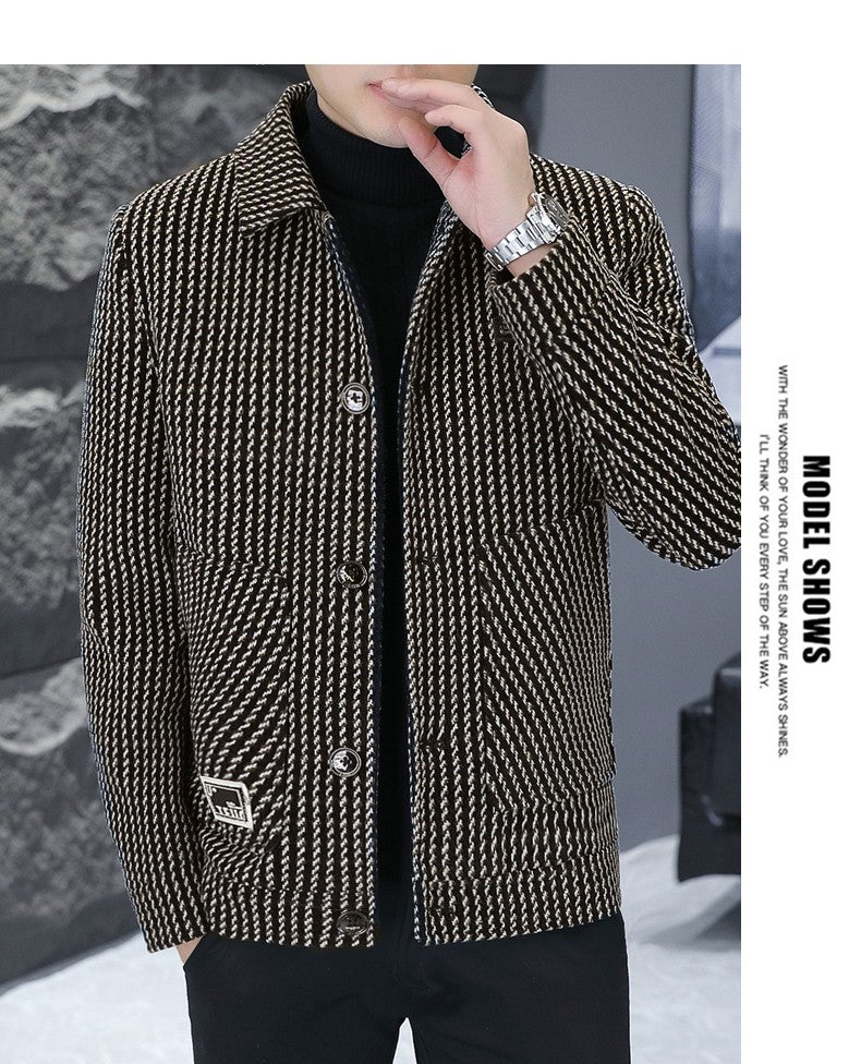 Korean Fashion Woolen Jacket for Men 2023 Winter Plaid Casual Business Trench Coat Slim Social Office Street Wear Short Overcoat