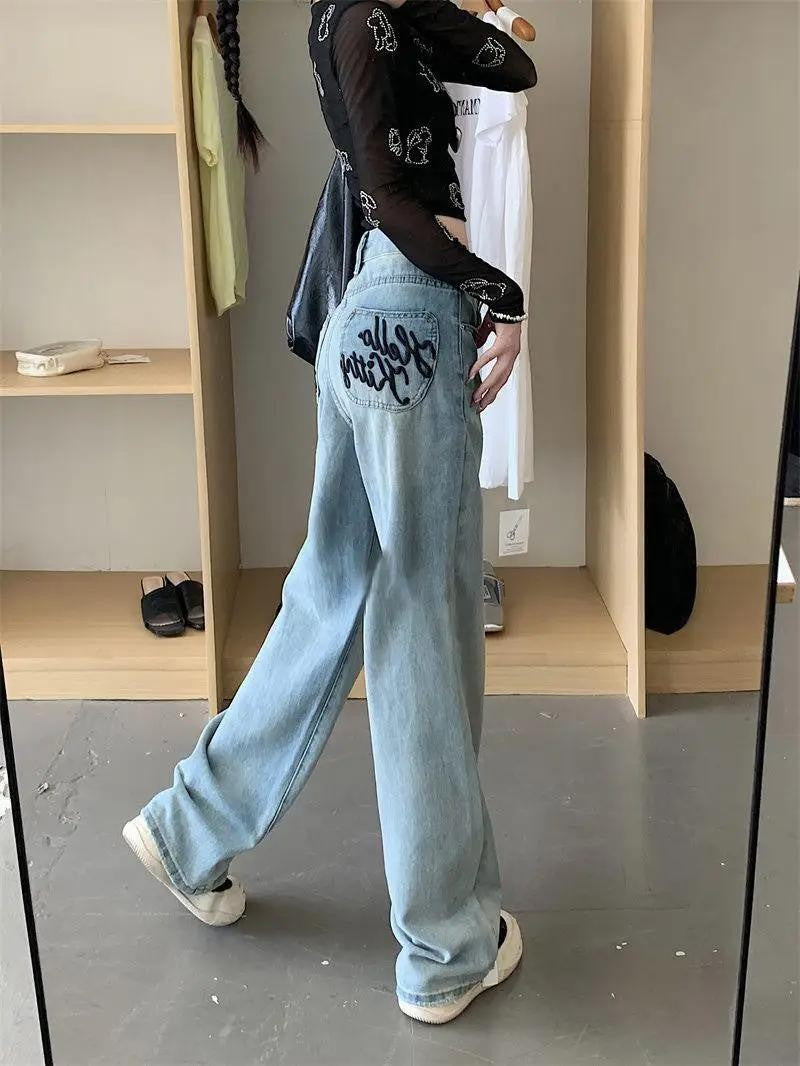New Hello Kitty Wide Leg Pants Women's Spring Girl China-Chic Embroidery Loose Skinny Straight Leg Denim Pants Straight Trousers