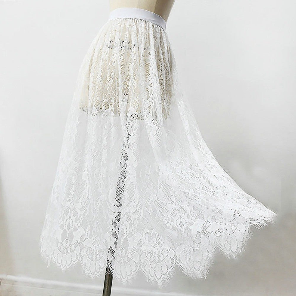 Fashion Transparent Sexy Lace Mesh Skirt Elegant 2 Length Midi Skirt Elastic High Waist Ladies Womens Skirt Ladies