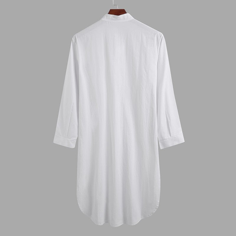 Men's Cotton Button-down Sleep Robe Solid Color Stand Neck Long Sleeve Nightgown Fashion Comfortable Home Wear Loose Bathrobe