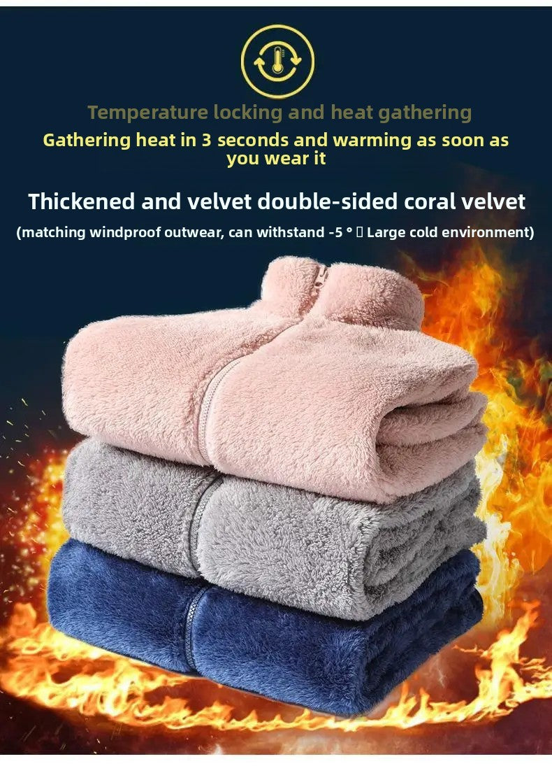 Thickened Fleece Jacket Women's Outdoor Spring Autumn Winter Double-Sided Sweatshirt Open Cardigan Polyester Fiber Stand Collar