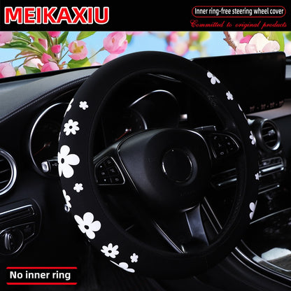 Diving material foamed beautiful flower fabric car rimless steering wheel cover suitable for 37-38cm women's size