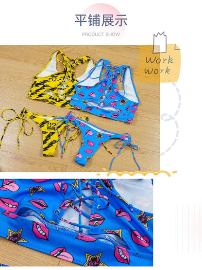 Anime Beach Girl Red Lip And Yellow Danger Warning Line Uniform Printing Bikini Swimsuit Underwear Women Outfits Cosplay Costume
