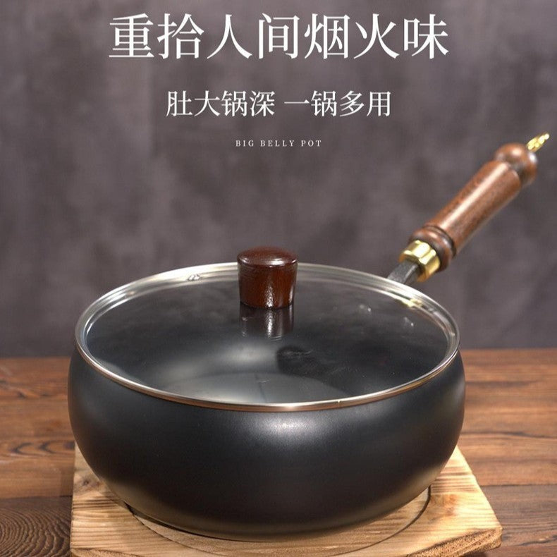 Panela de ferro best-seller, panela de barriga grande, mini wok forjada à mão, mini panela de ferro pequena, wok doméstica sem revestimento e antiaderente