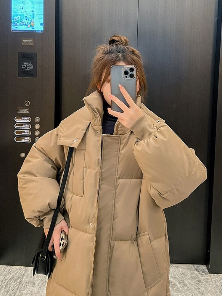 Long Thickened Down Cotton Bread Style Coat Women's Winter 2025 Outerwear Korean Loose Long Knee Length Solid Hooded Jacket