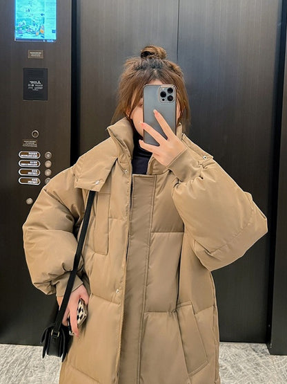 Long Thickened Down Cotton Bread Style Coat Women's Winter 2025 Outerwear Korean Loose Long Knee Length Solid Hooded Jacket